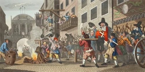 Burning ye Rumps at Temple-Barr, illustration från "Hogarth Restored: The Whole Works of the celebrated William Hogarth, re-engraved by Thomas Cook", pub. 1812 (handkolorerad gravyr)