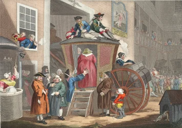 Country Inn Yard, illustration från "Hogarth Restored: Hela verken av den berömde William Hogarth, ingraverat av Thomas Cook", pub. 1812 (handfärgad gravyr)