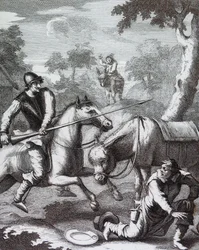 Don Quijote griper frisörens bason för Mambrinos hjälm