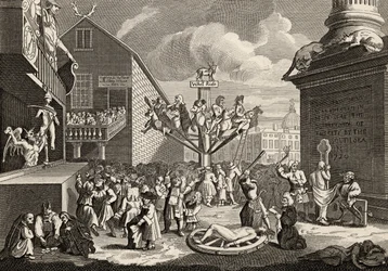Emblematiskt tryck av Söderhavet, från "The Works of William Hogarth", publicerat 1833 (litografi)