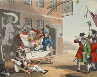 England, illustration från "Hogarth Restored: The Whole Works of the hyllade William Hogarth, re-graved by Thomas Cook", pub. 1812 (handfärgad gravyr)