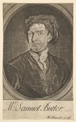 Frontispice-porträtt Sjutton små illustrationer för Samuel Butlers Hudibras, april 1726.