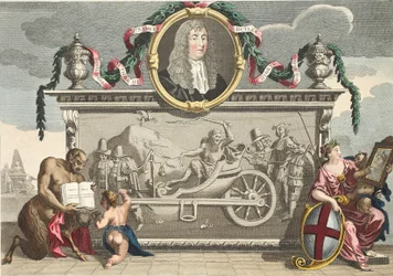 Frontispice för "Hudibras" inklusive ett porträtt av Samuel Butler, illustration från "Hogarth Restored: The Whole Works of the hyllade William Hogarth, omgraverad av Thomas Cook", pub. 1812 (hand-