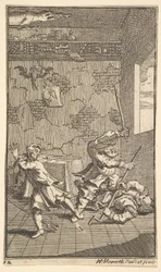 Hudibras slår Sidrophel och Whachum Sjutton små illustrationer för Samuel Butler..., 1721-26.