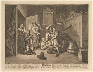 Hudibras katekiserade tolv stora illustrationer för Samuel Butlers Hudibras, tavla 9, 1725-68.