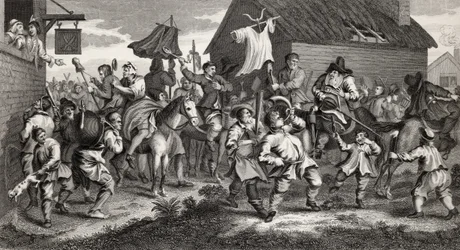 Hudibras Encounters the Skimmington, graverad av T.E. Nicholson, från "Hudibras", av Samuel Butler (1612-80) från "The Works of Hogarth", publicerad 1833