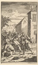 Hudibras besegrad av Trulla Sjutton små illustrationer för Samuel Butlers Hudibr..., 1721-26.