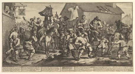 Hudibras and the Skimmington tolv stora illustrationer för Samuel Butlers H..., februari 1725-26.