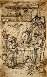 Hudibras besöker Sidrophel (penna & brunt bläck över penna på papper)
