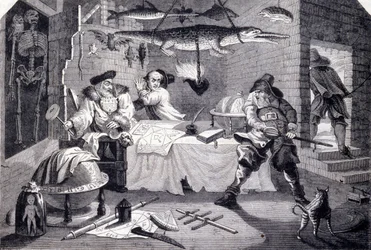 Hudribas attackerar astrologen Sidrophel och hans betjänt Wacum. Gravyr av William Hogarth (1697-1764) för dikten "Hubridas" av Samuel Butler (1600-talet). Omkring 1725