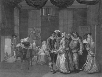 Interiörvy av Somerset House som visar figurer klädda för en maskerad, 1805