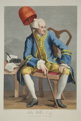 John Wilkes Esq., illustration från "Hogarth Restored: The Whole Works of the hyllade William Hogarth, re-graved by Thomas Cook", pub. 1812 (handfärgad gravyr)