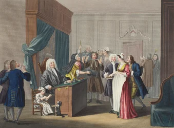 Rättvisan triumferar, illustration från "Hogarth Restored: The Whole Works of the hyllade William Hogarth, re-graved by Thomas Cook", pub. 1812 (handfärgad gravyr)