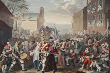 Marsch av vakterna till Finchley, illustration från "Hogarth Restored: The Whole Works of den hyllade William Hogarth, ingraverad av Thomas Cook", pub. 1812 (handfärgad gravyr)