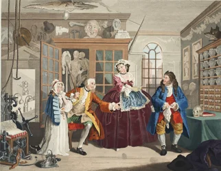 Äktenskap a la Mode, tavla III, Inspektionen, illustration från "Hogarth Restored: The Whole Works of the hyllade William Hogarth, re-graved by Thomas Cook", pub. 1812 (handfärgad gravyr)