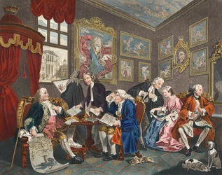 Äktenskap a la Mode, tavla I, The Marriage Settlement, illustration från "Hogarth Restored: The Whole Works of the hyllade William Hogarth, re-graved by Thomas Cook", pub. 1812 (handkolorerad engr