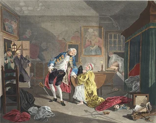 Äktenskap a la Mode, tavla V, The Bagnio, illustration från "Hogarth Restored: The Whole Works of the hyllade William Hogarth, re-graved by Thomas Cook", pub. 1812 (handfärgad gravyr)