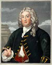 Martin Folkes, illustration från "Hogarth Restored: The Whole Works of the hyllade William Hogarth, re-graved by Thomas Cook", pub. 1812 (handfärgad gravyr)