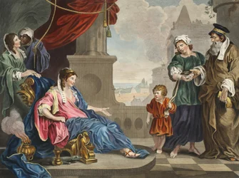 Moses förde till Faraos dotter, illustration från "Hogarth Restored: The Whole Works of the hyllade William Hogarth, omgraverad av Thomas Cook", pub. 1812 (handfärgad gravyr)