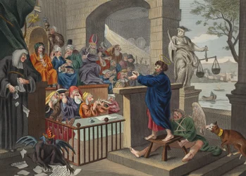 Paul före Felix, illustration från "Hogarth Restored: The Whole Works of the hyllade William Hogarth, re-graved by Thomas Cook", pub. 1812 (handfärgad gravyr)