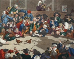 Gropbiljett, 5 november 1759, illustration från "Hogarth Restored: The Whole Works of the hyllade William Hogarth, ingraverad av Thomas Cook", pub. 1812 (handfärgad gravyr)