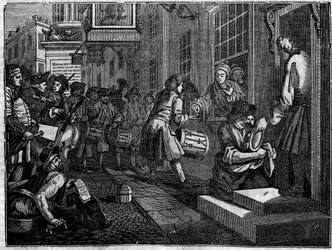 Plåt från en serie om 12 gravyrer av William Hogarth (1697-1764), brittisk illustratör, med titeln "Industry and Idleness", "Zele and laziness", som berättar om två lärlingars karriärer: Goodchilds bröllop med dottern till hans vävmästare