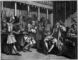 Plåt från en serie av 12 gravyrer av William Hogarth (1697-1764), brittisk illustratör, med titeln "Industry and Idleness", "" Zele and laziness", som berättar om karriärerna för två lärlingar: Thomas Idle, skyldig till sina laster, var domare av Goodchild