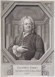 Porträtt av James Gibbs (1682-1754) från "Plans, Sections, and Elevations of the Radcliffe Library", graverat av Bernard Baron (1696-c.1766) 1750
