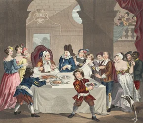Sancho på festmåltiden utsvulten av hans läkare, illustration från "Hogarth Restored: The Whole Works of the hyllade William Hogarth, re-graved by Thomas Cook", pub. 1812 (handfärgad gravyr)