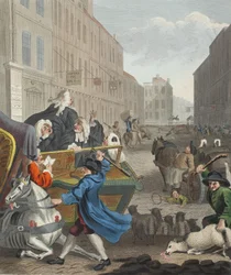Andra etappen av grymhet, illustration från "Hogarth Restored: The Whole Works of the celebred William Hogarth, re-graved by Thomas Cook", pub. 1812 (handfärgad gravyr)