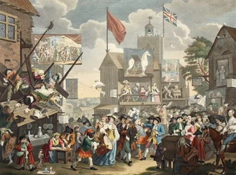 Southwark Fair, 1733, illustration från "Hogarth Restored: The Whole Works of the hyllade William Hogarth, re-graved by Thomas Cook", pub. 1812 (handfärgad gravyr)