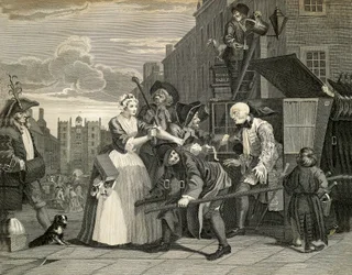 Gatuscener i London, av William Hogarth (1697-1764), gravyr, England