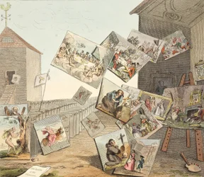Slaget om bilderna, illustration från "Hogarth Restored: The Whole Works of the celebrated William Hogarth, re-engraved by Thomas Cook", pub. 1812 (handkolorerad gravyr)