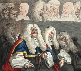 Bänken, illustration från "Hogarth Restored: The Whole Works of the hyllade William Hogarth, re-graved by Thomas Cook", pub. 1812 (handfärgad gravyr)