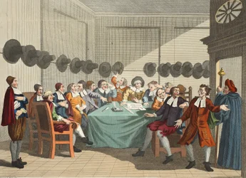 Kommittén, från "Hudibras" av Samuel Butler (1612-80), illustration från "Hogarth Restored: The Whole Works of den berömde William Hogarth, ingraverad av Thomas Cook", pub. 1812 (handfärgad