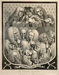 The Company of Undertakers av Georg Friedrich Haendel, karikatyrgravyr av William Hogarth