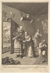 Kuraten och frisören döljer sig för att förmedla Don Quijote Home Six I..., 1756 eller senare.