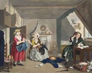 Den nödställda poeten, illustration från "Hogarth Restored: The Whole Works of the celebrated William Hogarth, re-engraved by Thomas Cook", pub. 1812 (handkolorerad gravyr)