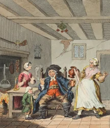 Bonden återvänder, illustration från "Hogarth Restored: The Whole Works of the celebrated William Hogarth, re-engraved by Thomas Cook", pub. 1812 (handkolorerad gravyr)