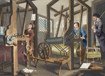 Kollegan "Prentices at their Looms, skylt I av "Industry and Idleness", illustration från "Hogarth Restored: The Whole Works of the berömde William Hogarth, re-graved by Thomas Cook", pub. 1812
