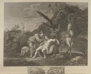 Den barmhärtige samariten, graverad av J.M. Delatre och Simon Francis Ravenet, utgiven av John Boydell (1719-1804) 1772