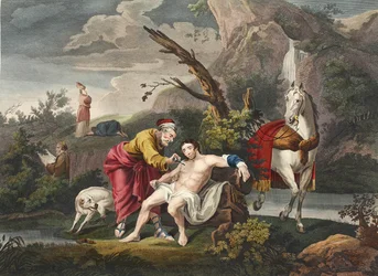 Den barmhärtige samariten, illustration från Hogarth Restored: The Whole Works of the celebrated William Hogarth, re-engraved by Thomas Cook", pub. 1812 (handkolorerad gravyr)