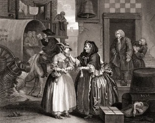 The Harlots Progress insnärjd av en anskaffning, från The Works of Hogarth publicerad London 1833 (bw gravyr)