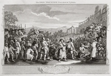 Den sysslolöse lärjungen avrättad i Tyburn, plansch XI i "Industry and Idleness", utgiven 1733 (gravyr)