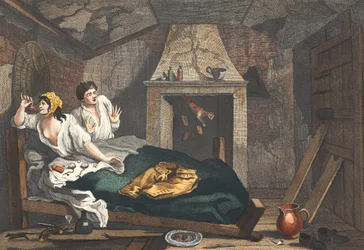 Den sysslolösa "Prentice Returned from Sea, and in a Garret with a common Prostitute", tavla VII i "Industry and Idleness, illustration från "Hogarth Restored: Den berömda William Hogarths hela verk: "The Whole Works of the celebrated William Hogarth".