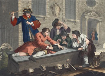 Den sysslolösa "Prentice at Play in the Church Yard During Divine Service", tavla III av "Industry and Idleness", illustration från "Hogarth Restored: The Whole Works of the celebrated William Hogarth, re-eng.