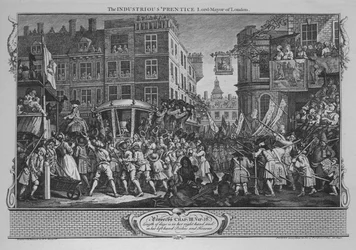 The Driftous Prentice Lord-Mayor of London - Skylt 12 från Industry and Idleness, 1747