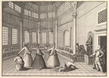 Insidan av en moské reser dervischerna som dansar Aubry de La Mottrayes genom..., 1723-24.
