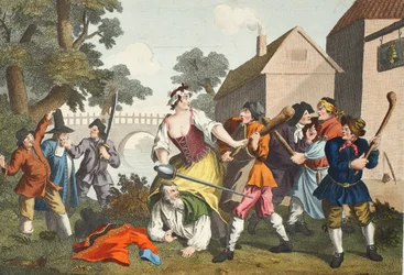 Riddaren underkastar sig Trulla, från "Hudibras" av Samuel Butler (1612-80), illustration från "Hogarth Restored: The Whole Works of the berömde William Hogarth, re-graved by Thomas Cook", pub. 1812