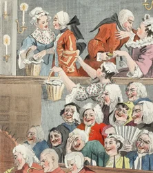 Den skrattande publiken, illustration från "Hogarth Restored: The Whole Works of the hyllade William Hogarth, re-graved by Thomas Cook", pub. 1812 (handfärgad gravyr)